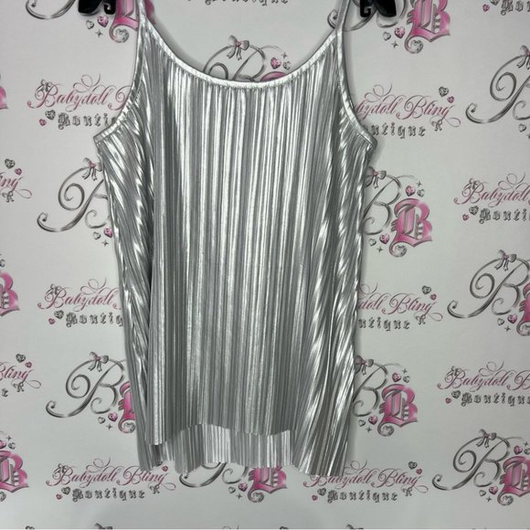 H&M pleated tank top ribbon tie straps silver shiny metallic disco πͺ© style - Picture 7 of 10